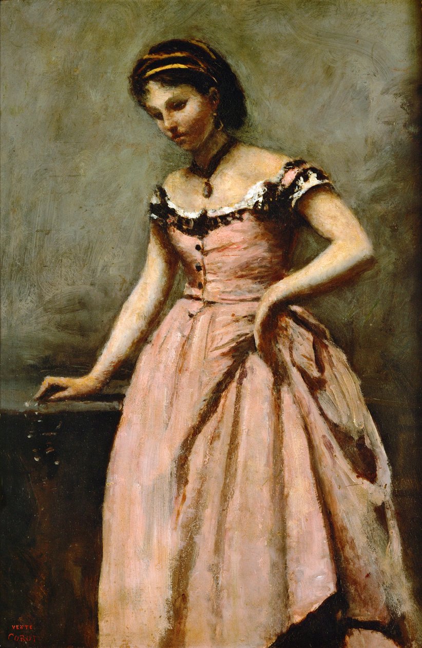 Pige i lyserød kjole med roser og en perle ... af Jean Baptiste Camille Corot