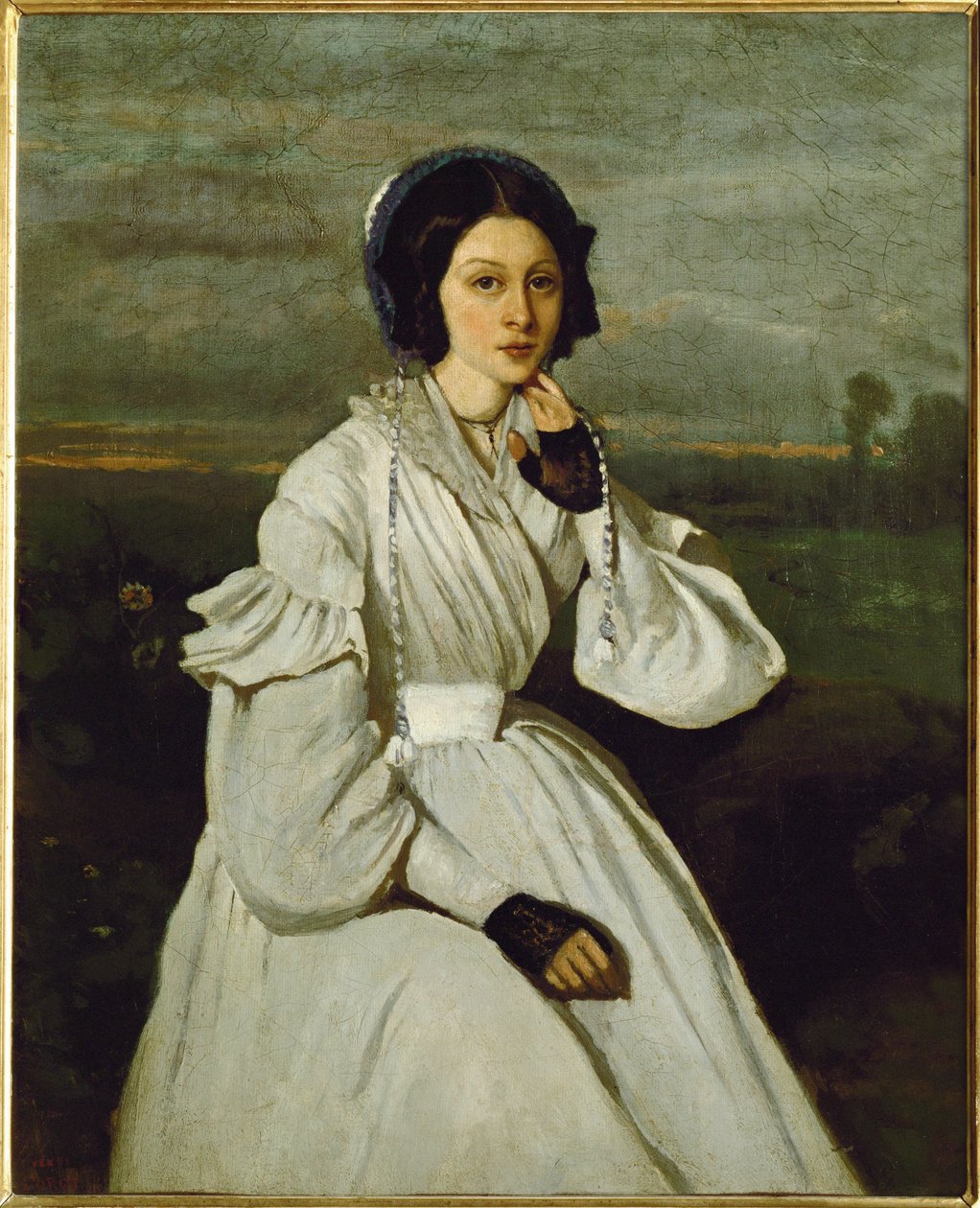 Pige i hvid kjole i et landskab ... af Jean Baptiste Camille Corot