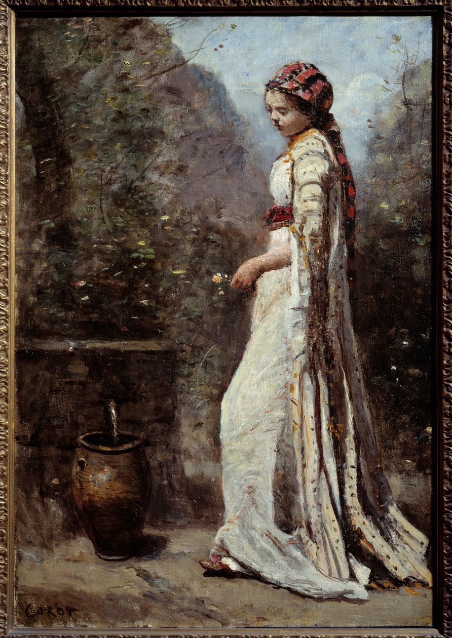 Græsk pige har springvandet. Maleri af Camille Corot (1796-1875) af Jean Baptiste Camille Corot