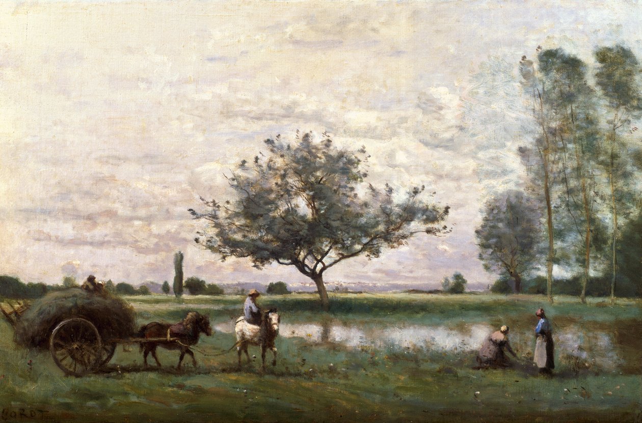 Hovvogn ved siden af en flod af Jean Baptiste Camille Corot
