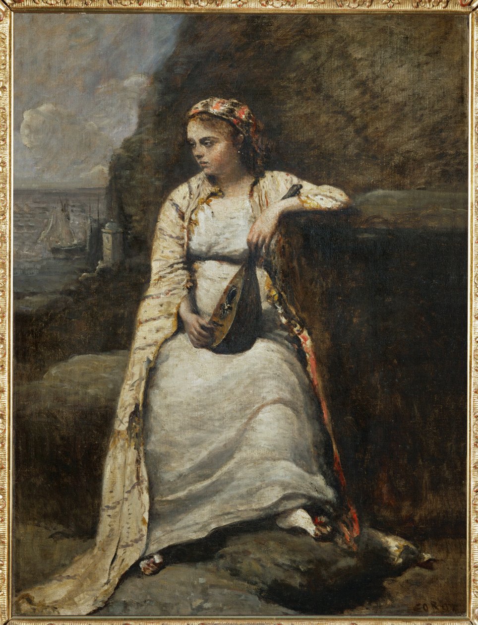 Haydee, jeune femme en costume grec - ung kvinde i græsk klædedragt, måske heltinden i Byrons "Don Juan" ... af Jean Baptiste Camille Corot
