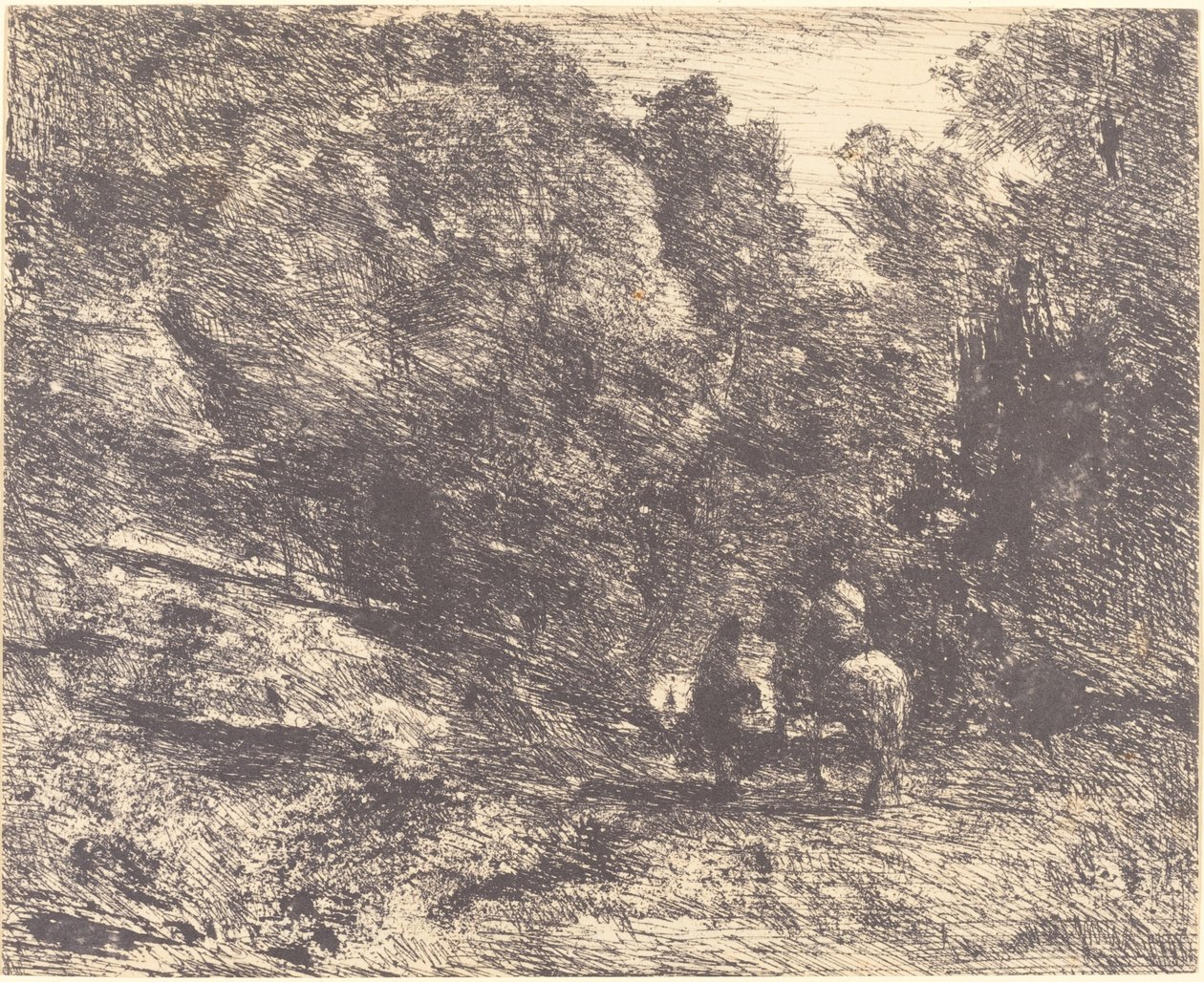 Rytter og Vagabond i Skoven Rytteren i Skoven og Fodgængeren, 1854. af Jean Baptiste Camille Corot