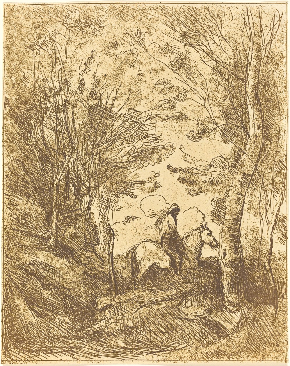 Rytter i skoven, stor tallerken (Le Grand Cavalier sous bois) af Jean Baptiste Camille Corot