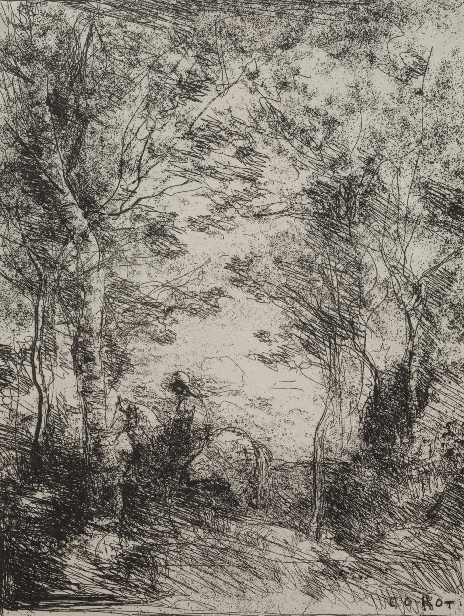 Horseman in the Woods, originalt aftryk 1854, trykt i 1921. af Jean Baptiste Camille Corot