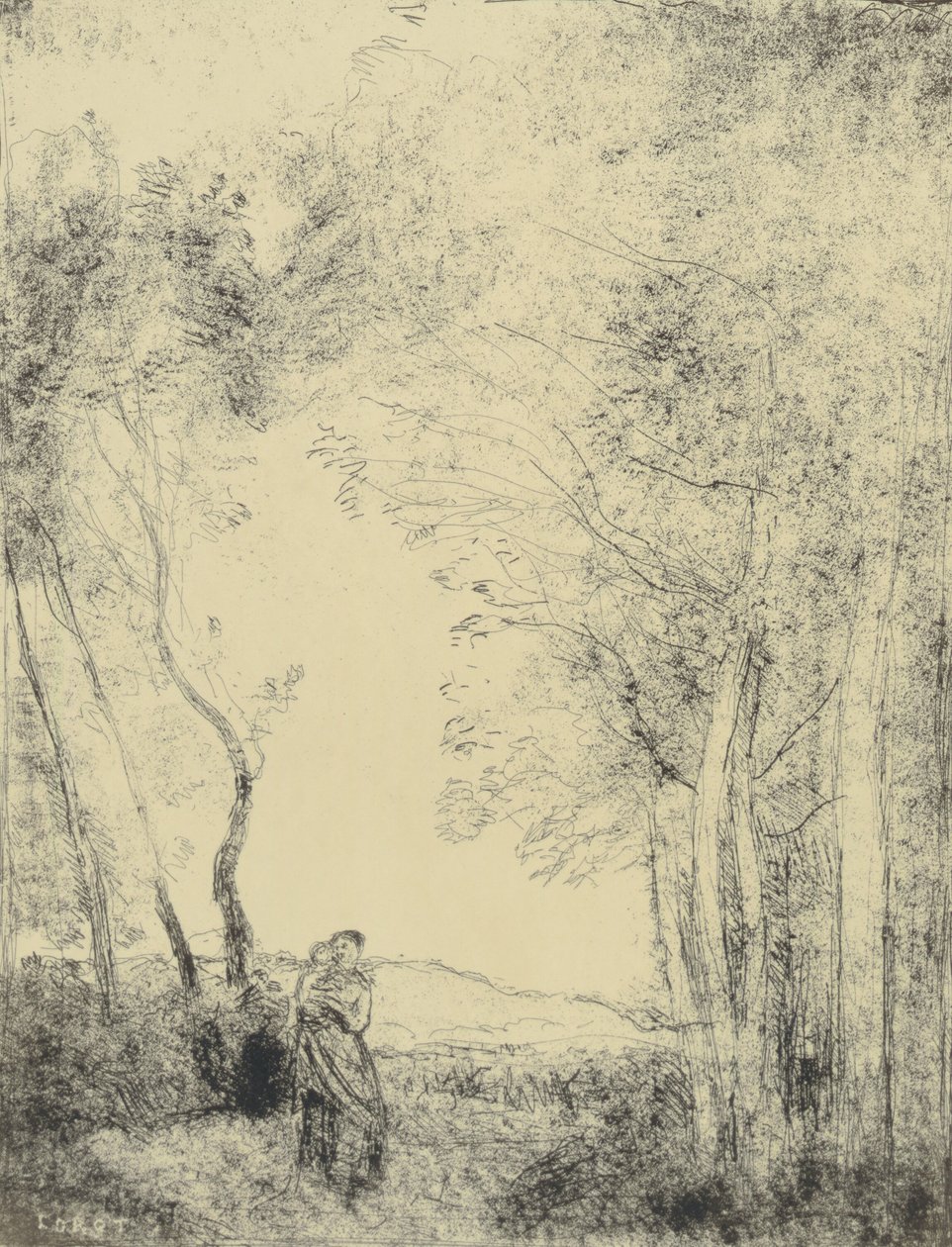 Ung mor ved indgangen til en skov af Jean Baptiste Camille Corot