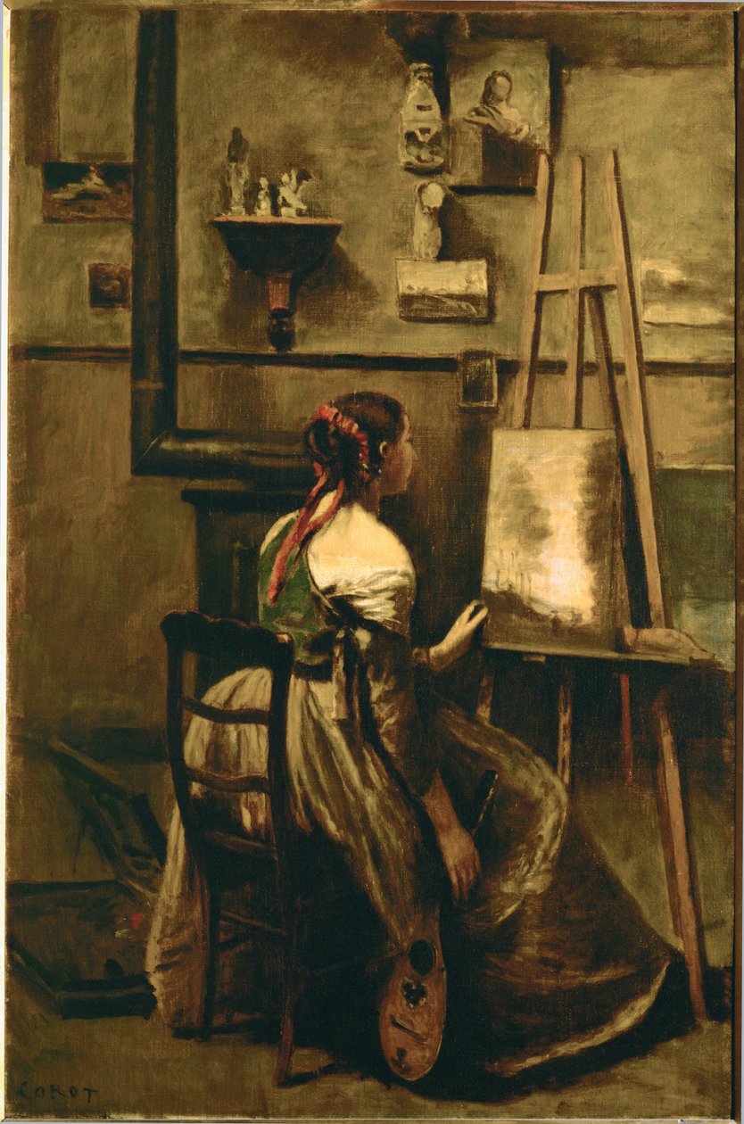 Corots atelier - ung kvinde sidder foran et staffeli ... af Jean Baptiste Camille Corot