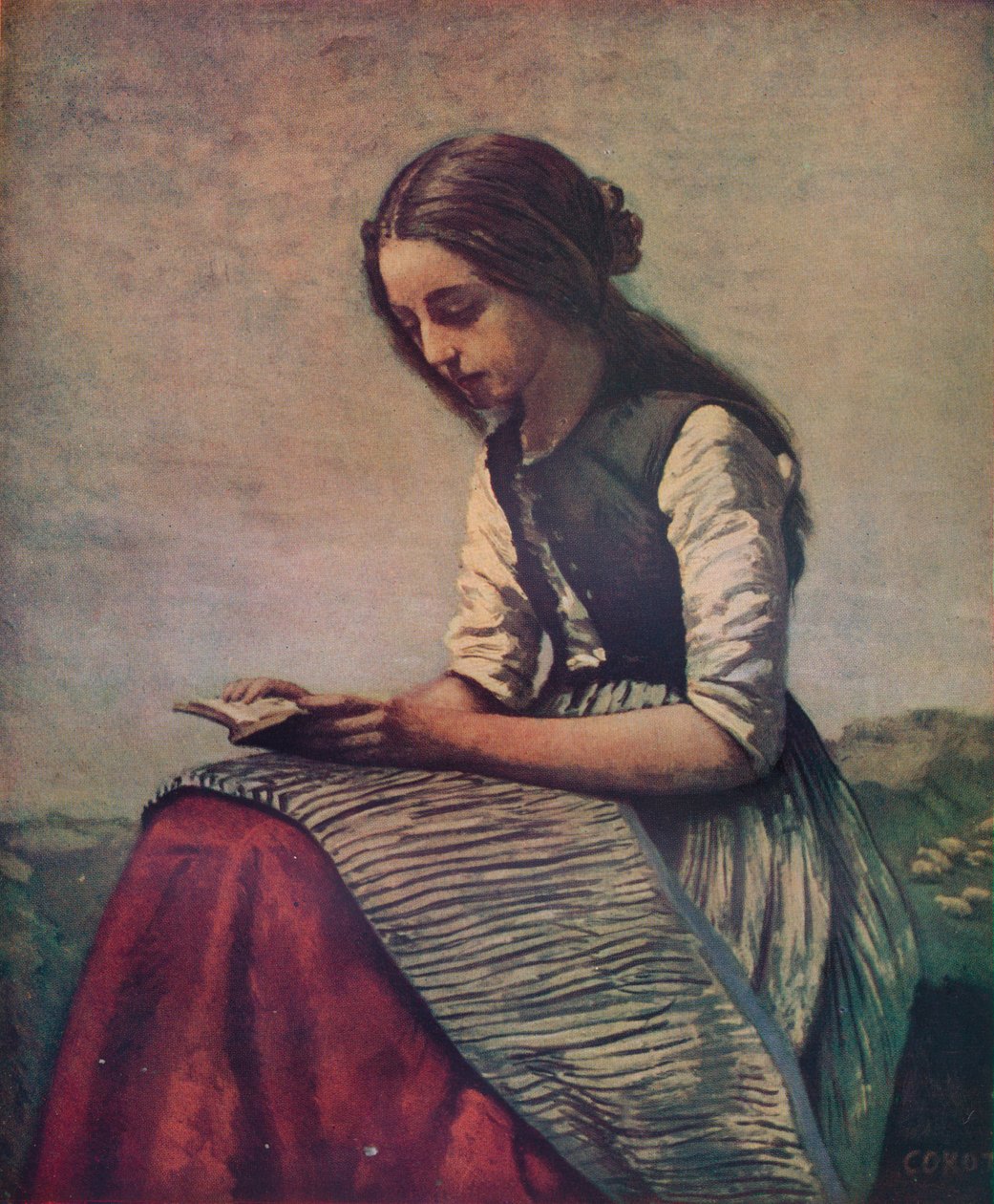 La petite Liseuse eller ung hyrdeinde siddende og læsende, c1855 af Jean Baptiste Camille Corot