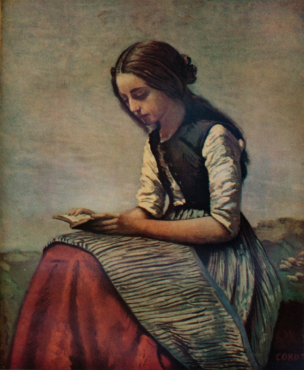 La petite Liseuse eller ung hyrdeinde siddende og læsende, c1855 af Jean Baptiste Camille Corot