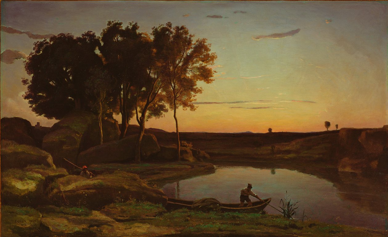 Landskab med sø og bådmand, 1839 af Jean Baptiste Camille Corot