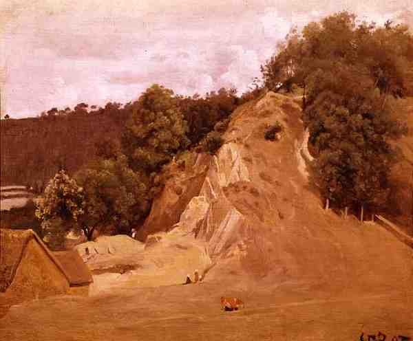 Landskab med bondekvinder og en ko (olie på lærred) af Jean Baptiste Camille Corot