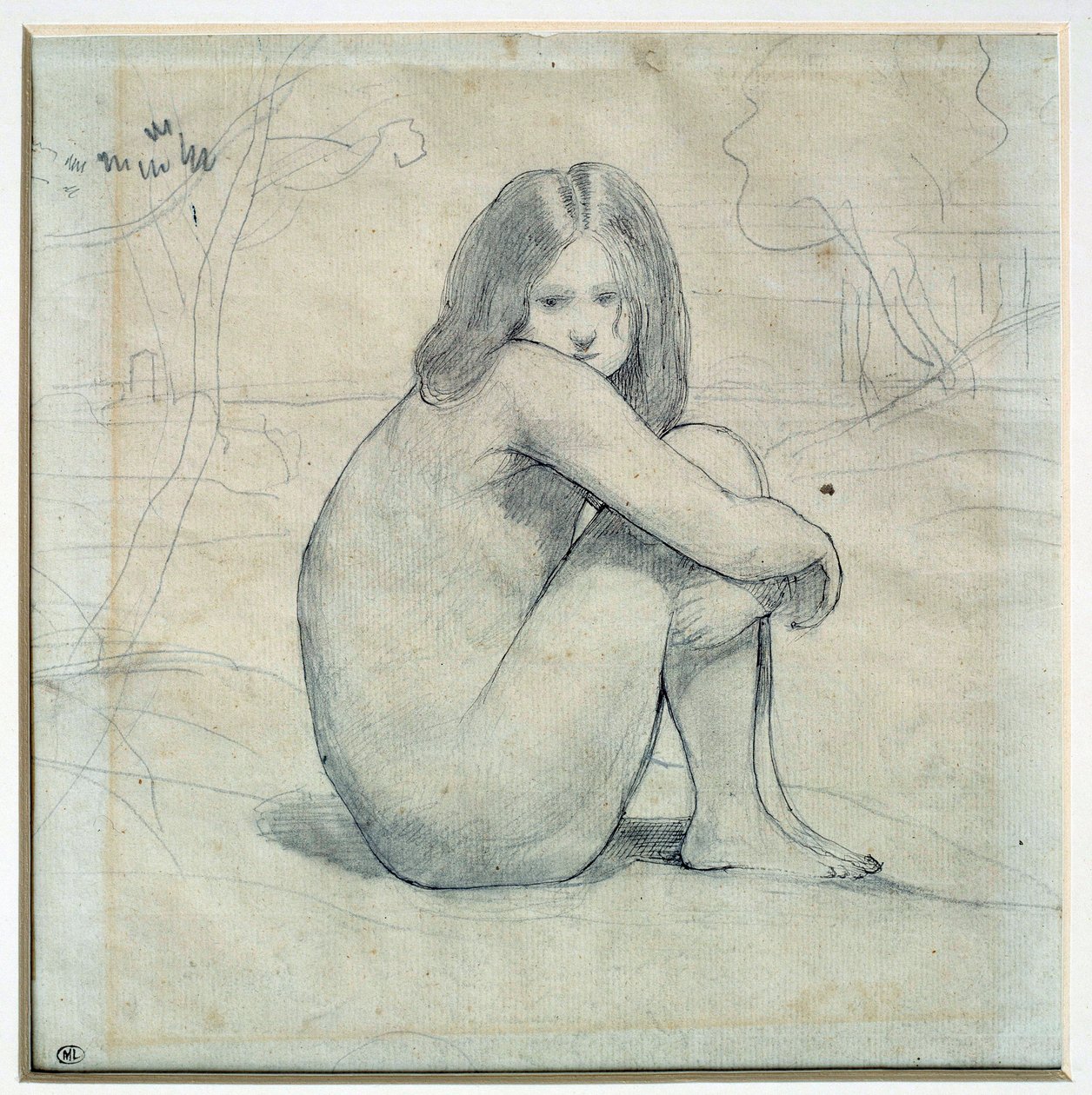 Lille pige, der sidder i et landskab Blyantstegning og sort blæk af Camille Corot (1796-1875) 1800-tallet Sun. 0,22x0,26 m Paris, Musée du Louvre af Jean Baptiste Camille Corot