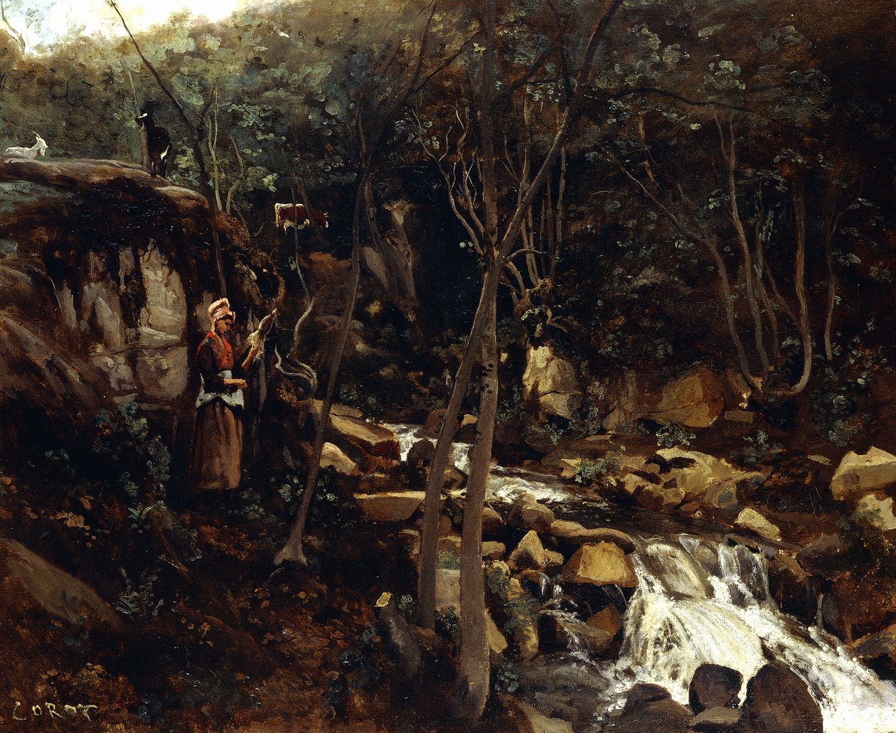 Lormes - En torrent med en stående bonde, spinding uld, 1842 af Jean Baptiste Camille Corot