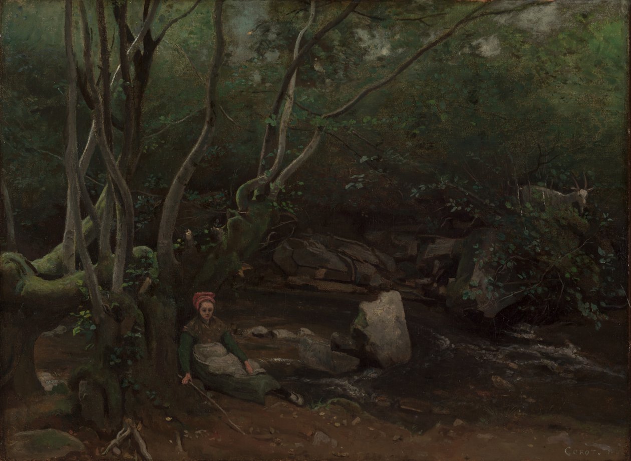 Lormes: Gedepige, der sidder ved siden af en bæk i en skov af Jean Baptiste Camille Corot