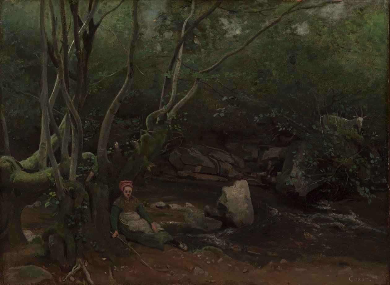 Lormes: Gedepige, der sidder ved siden af en bæk i en skov, 1842. af Jean Baptiste Camille Corot