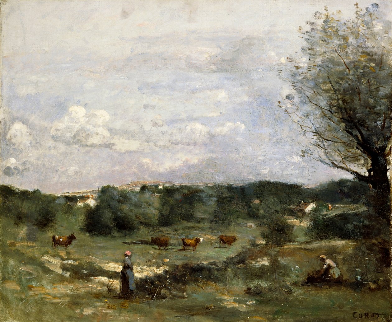 Eng med køer, en pil til højre og en fjern landsby, af Jean Baptiste Camille Corot