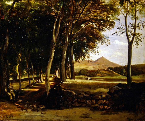 Bjerglandskab set gennem en allé af træer (olie på lærred) af Jean Baptiste Camille Corot