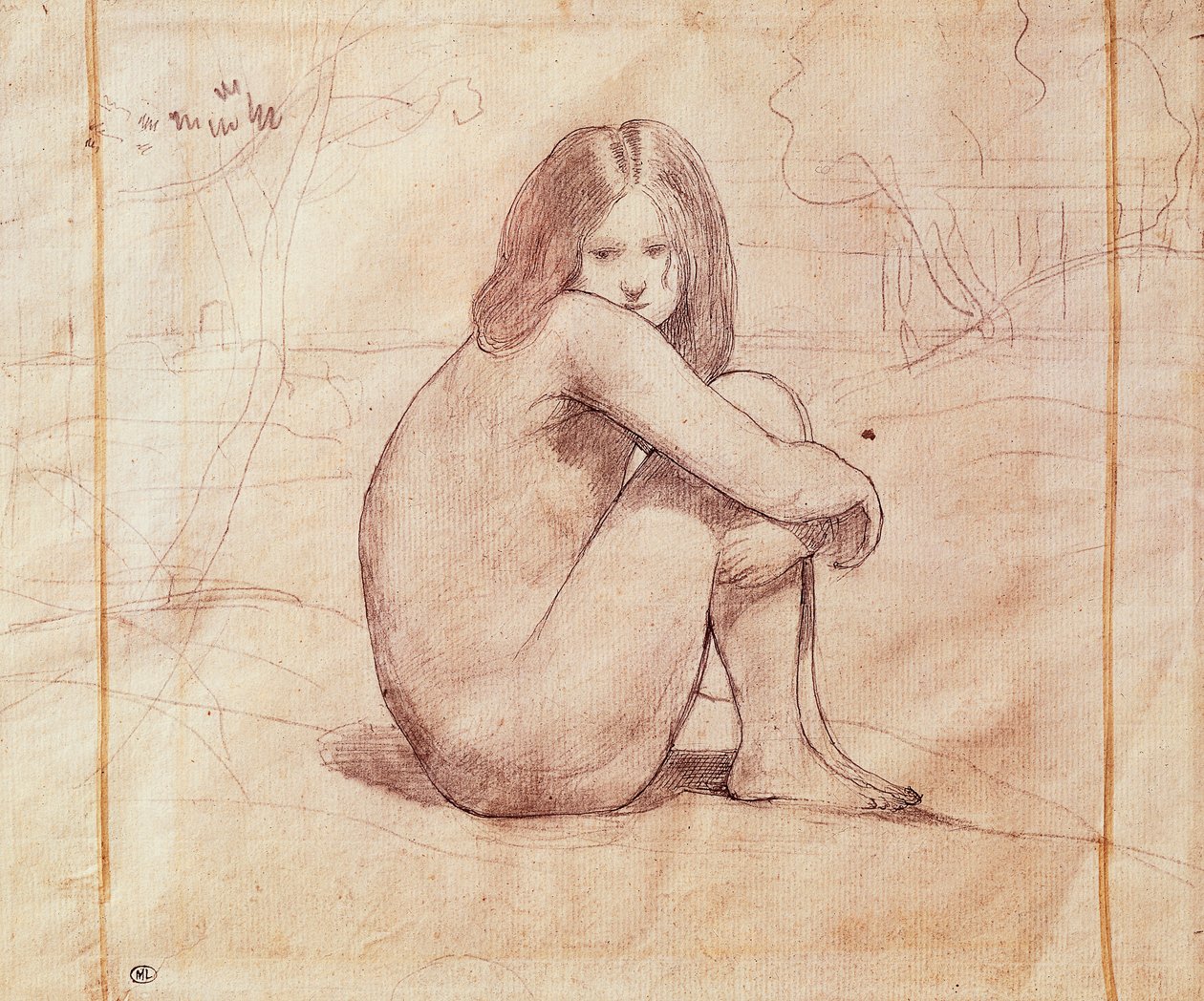 Nøgen pige siddende, tegning af Jean-Baptiste-Camille Corot (1796-1875) af Jean Baptiste Camille Corot