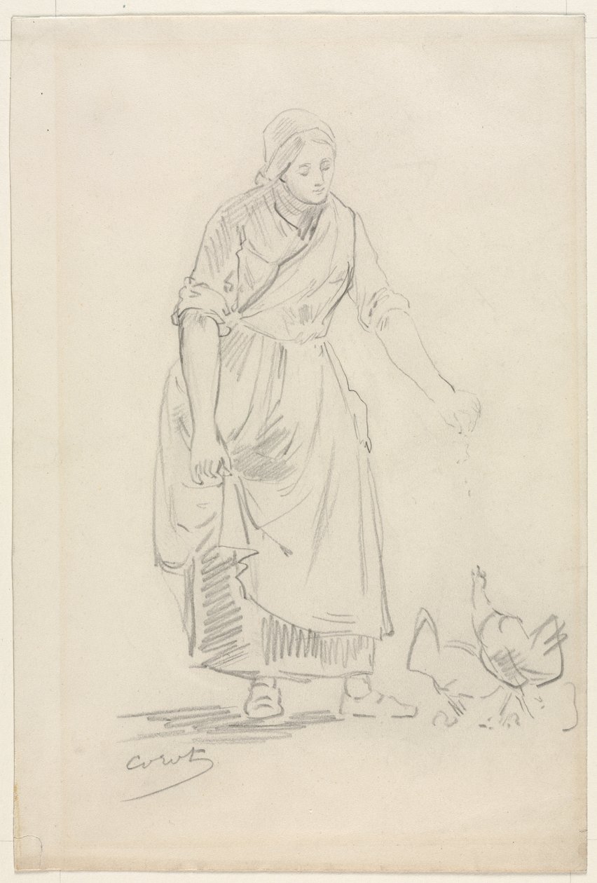 Bondepige fodrer høns af Jean Baptiste Camille Corot