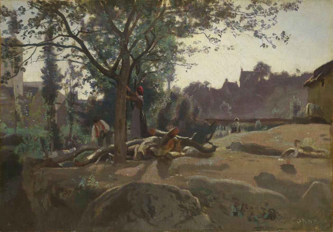 Bønder under træerne ved daggry, ca. 1843 af Jean Baptiste Camille Corot