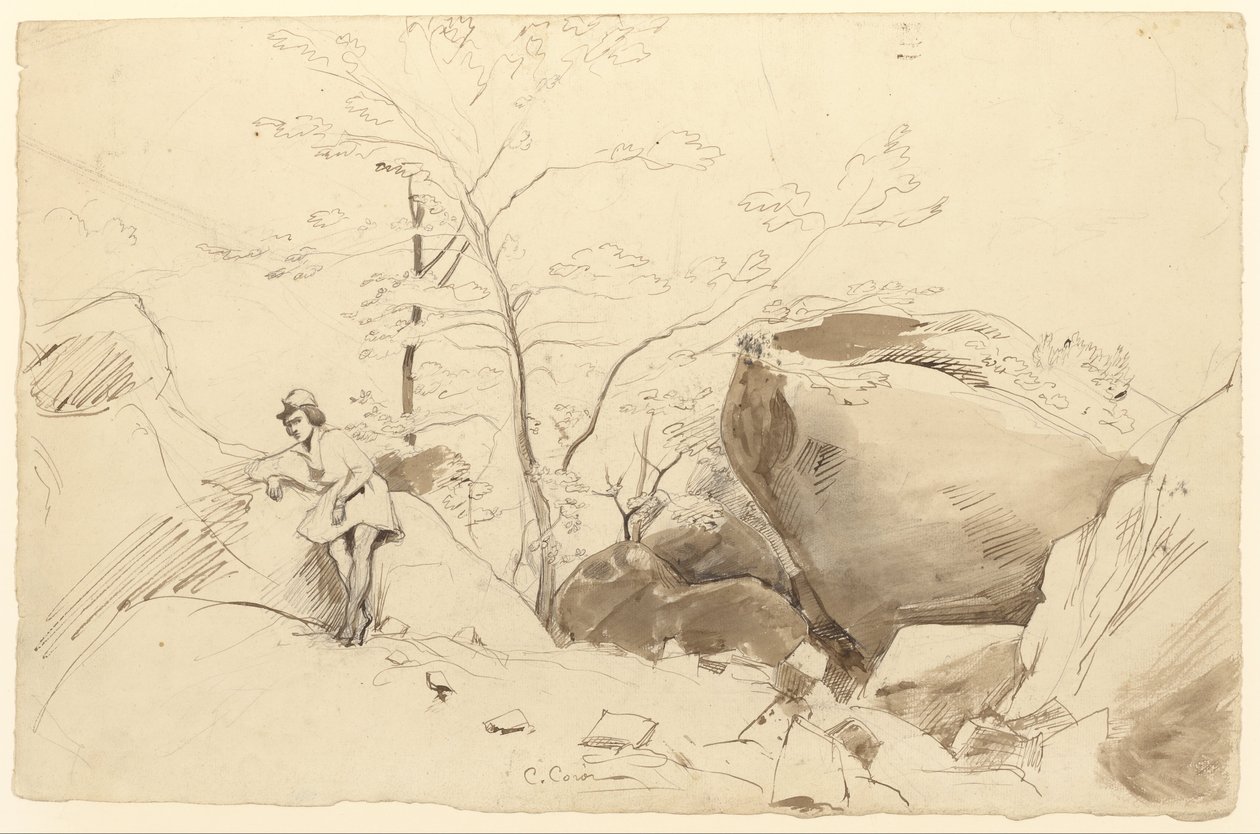 Pen og brunt blæk, pensel og brun lavering over blyant på papir af Jean Baptiste Camille Corot