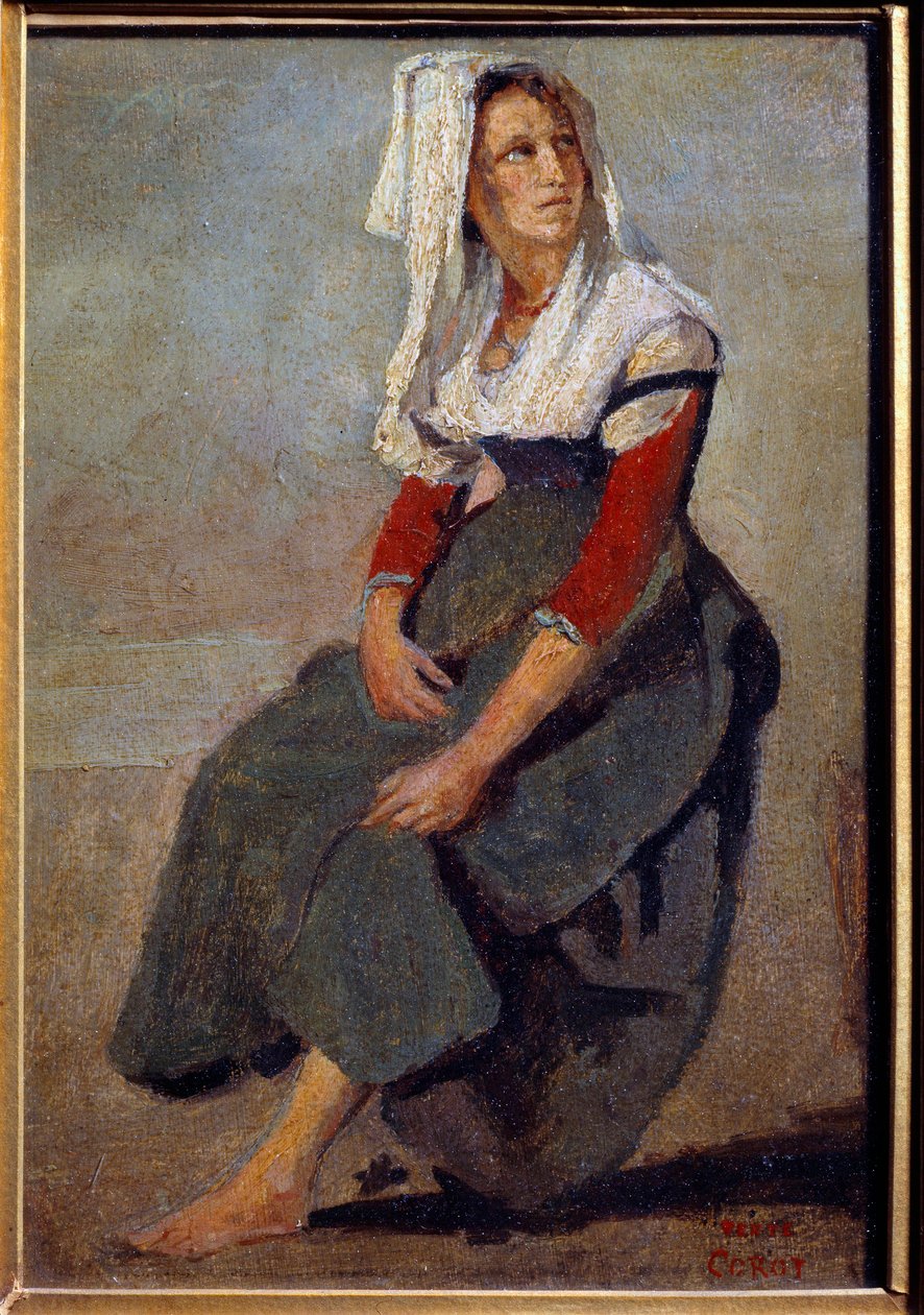 Portræt af italieneren Maria de Sorre, siddende med hovedet i vejret Maleri på pap af Camille Corot af Jean Baptiste Camille Corot
