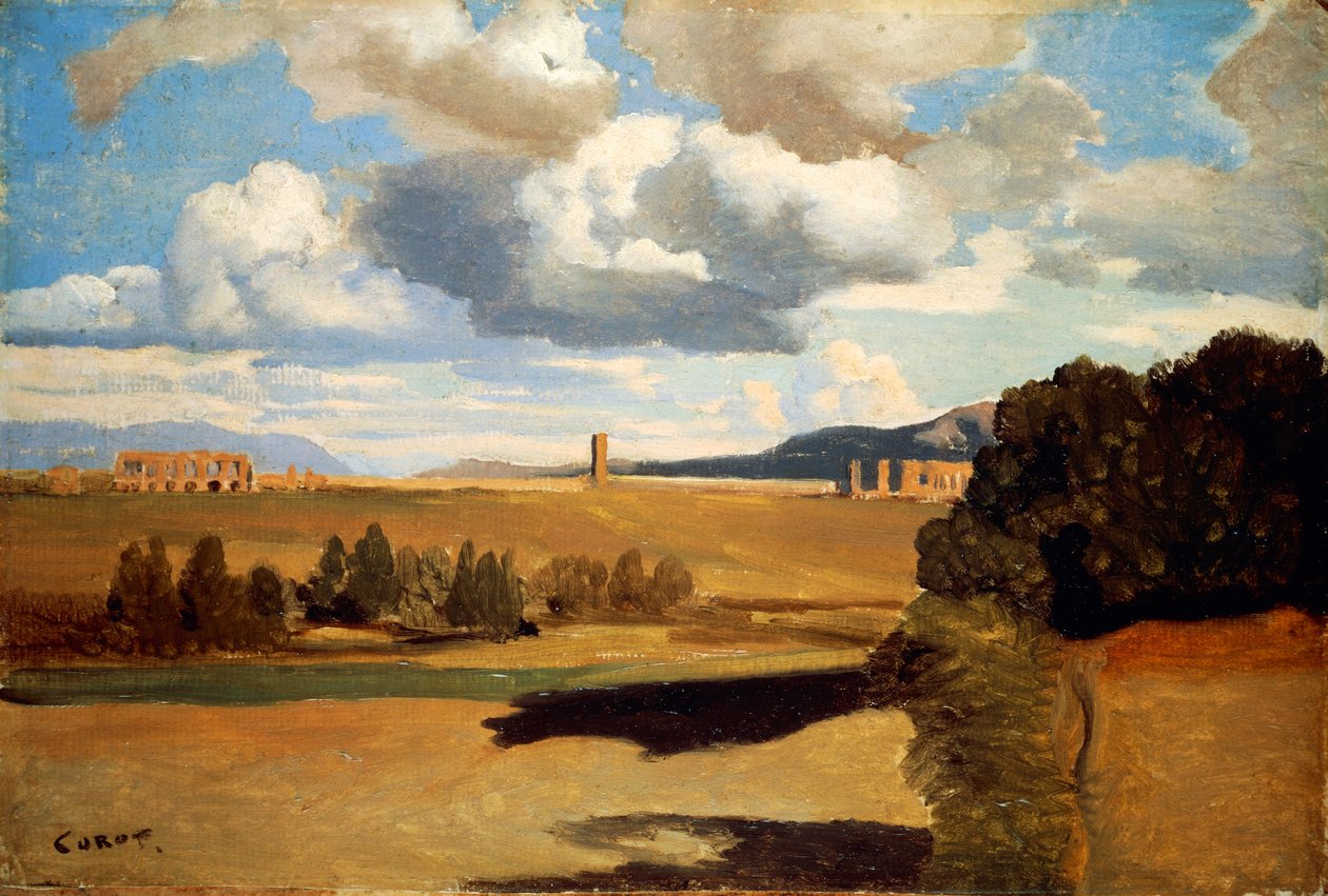 Romersk Campagna med Claudian Akvædukt, Jean-Baptiste-Camille Corot (1796-1875) af Jean Baptiste Camille Corot