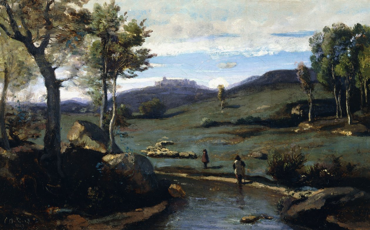 Romersk landskab - Rocky Valley med en flok svin, 1843 af Jean Baptiste Camille Corot