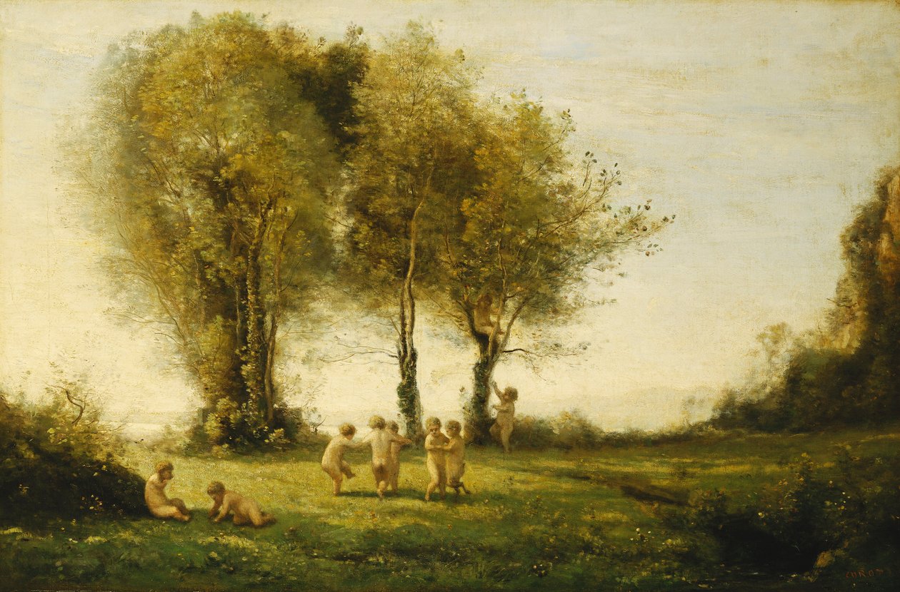 Runde af kærlighed; Solopgang; Runde af amoriner; solopgang, ca. 1854-55 af Jean Baptiste Camille Corot