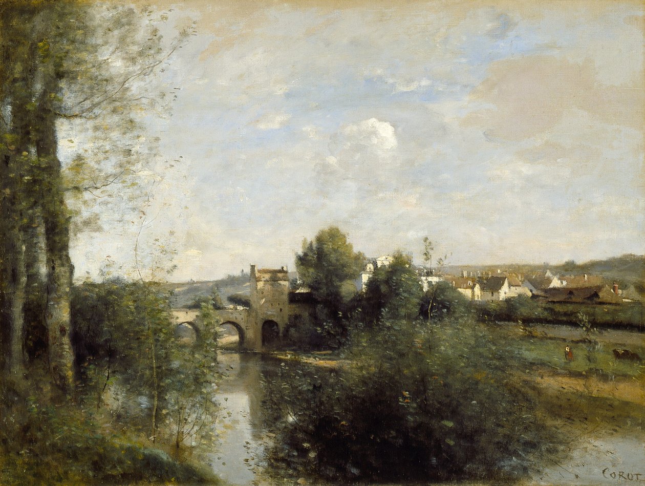 Seine og den gamle bro ved Limay af Jean Baptiste Camille Corot