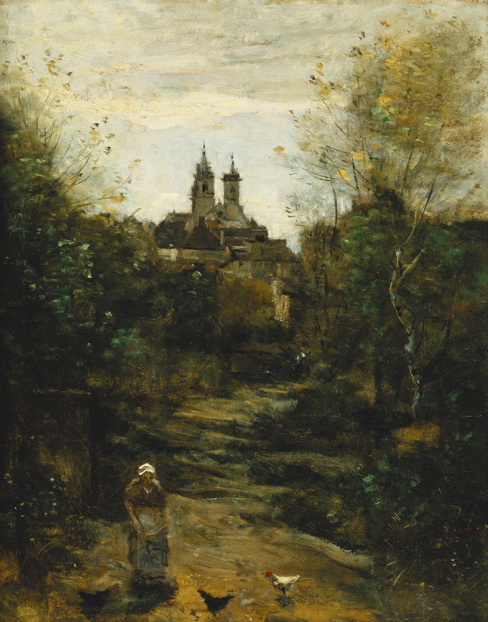 Semur, Vejen til kirken; Semur, Le Chemin de l"Eglise, ca. 1855-1860 og 1872-1873 af Jean Baptiste Camille Corot
