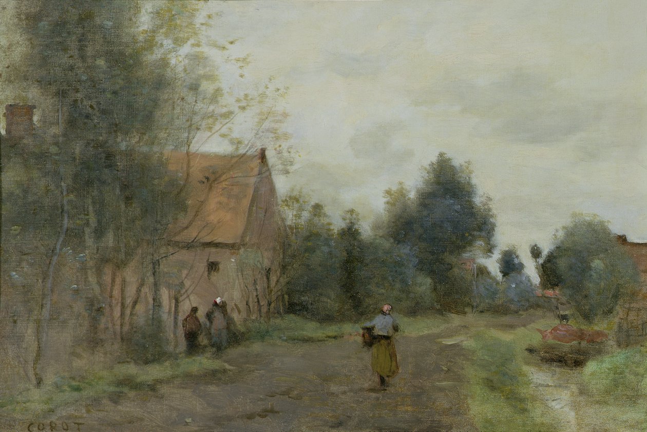 Synd nær Douai, Village Street in the Morning, Grey Weather, 1872 af Jean Baptiste Camille Corot