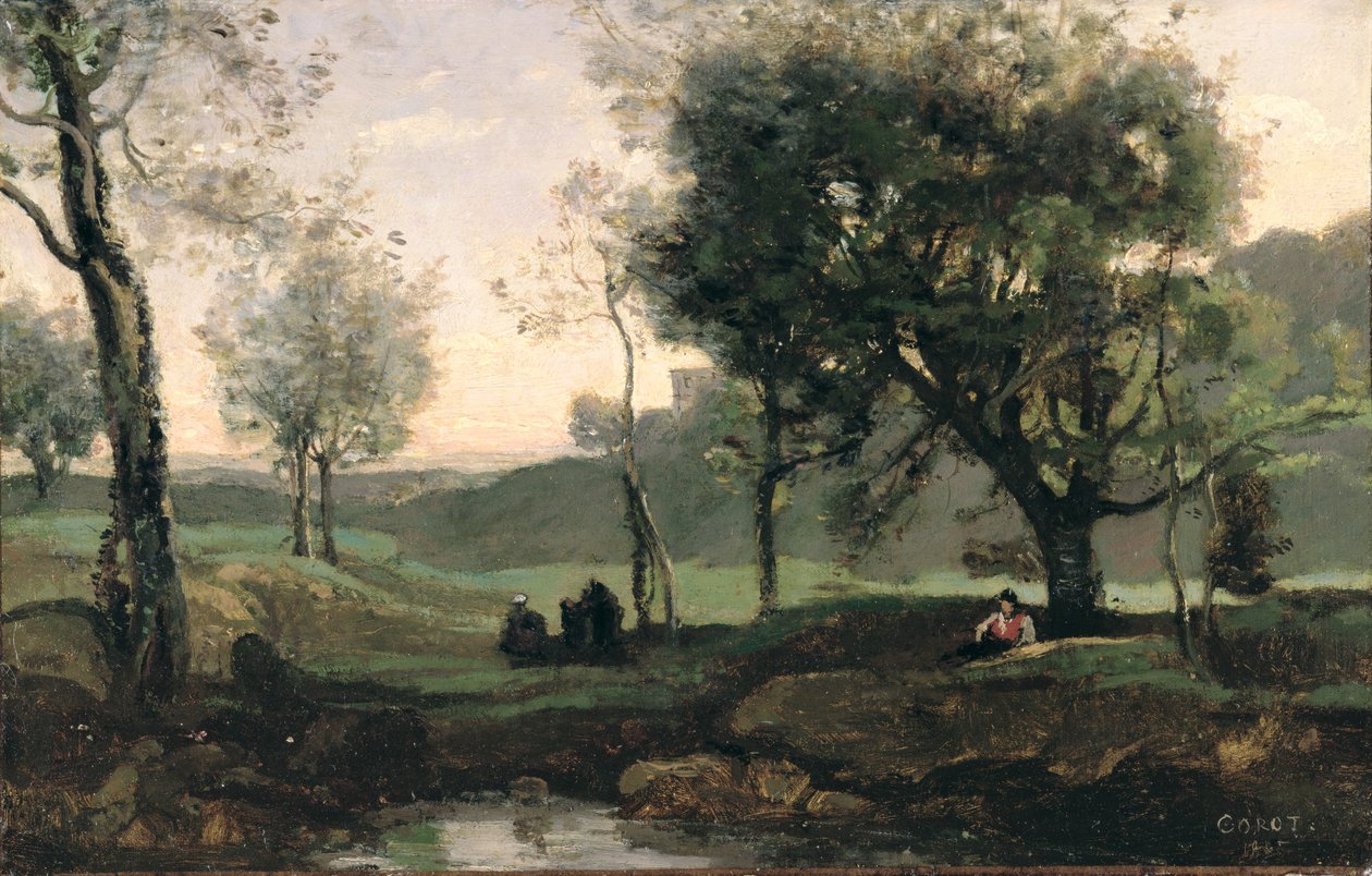 Solnedgang: Figures Under Trees (olie på lærred) af Jean Baptiste Camille Corot