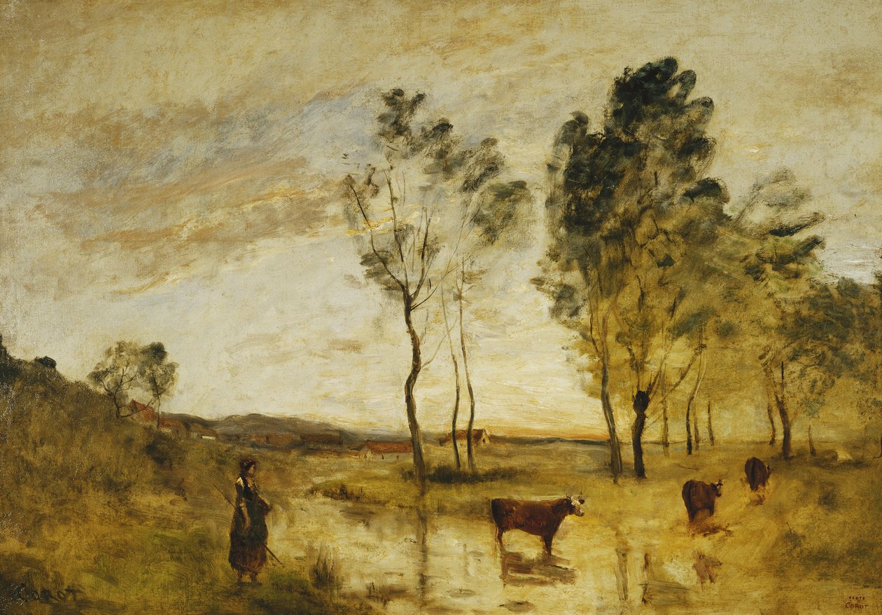 Forden; Køer på kanten af ​​en Ford; Le Gue; Køer på kanten af ​​Gue, ca. 1870-1873 af Jean Baptiste Camille Corot