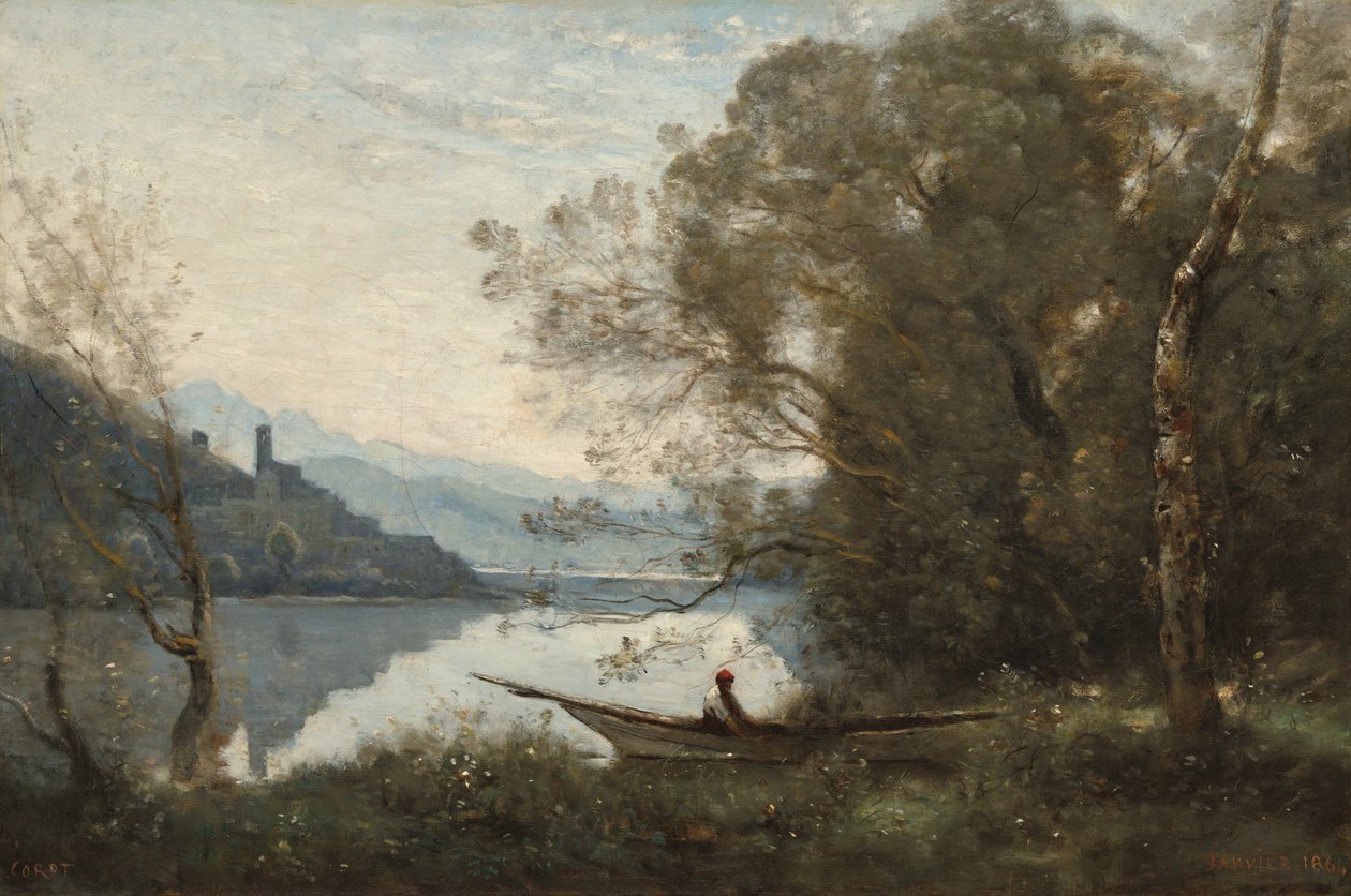 The Moored Boatman: Souvenir of an Italian Lake, 1861. af Jean Baptiste Camille Corot