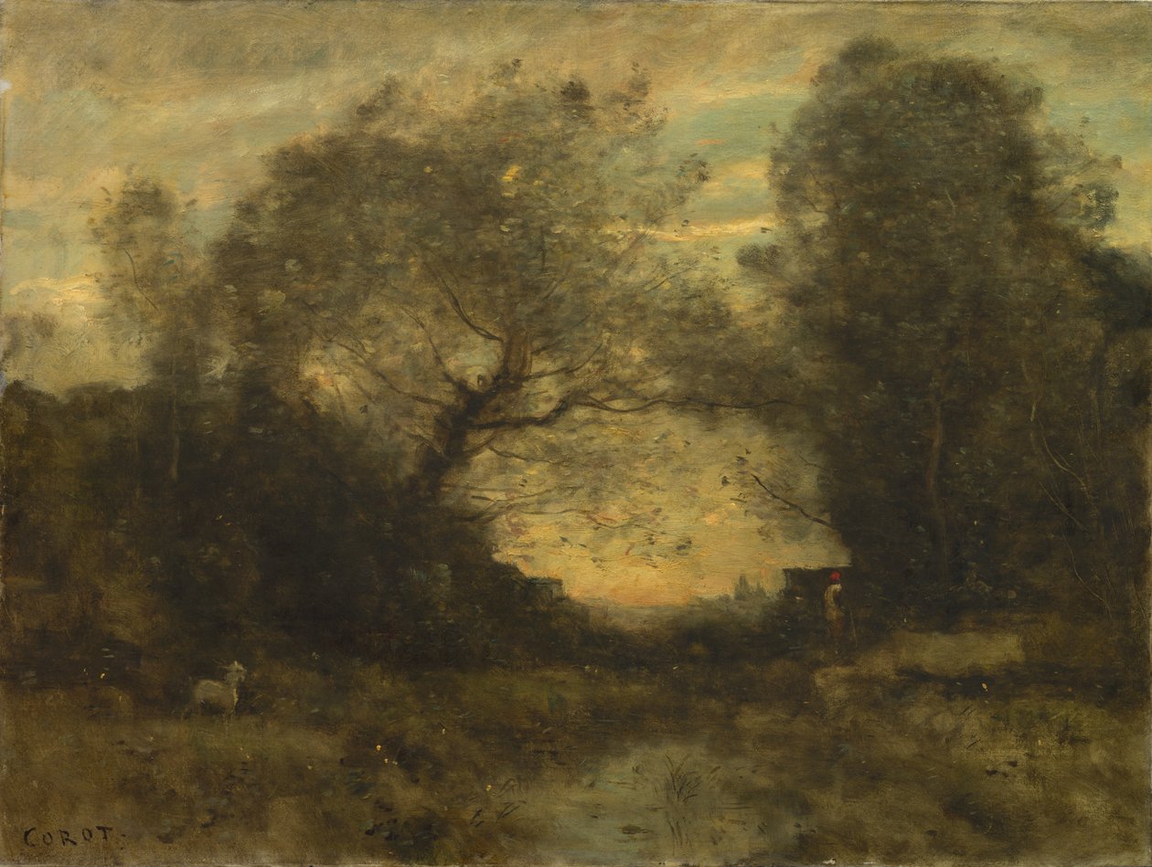 Dammen ved indgangen til skoven, c.1860-75 af Jean Baptiste Camille Corot
