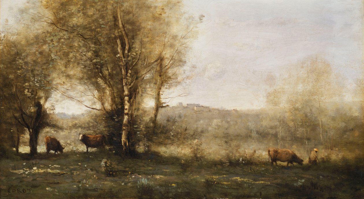 Dammen med tre køer af Jean Baptiste Camille Corot