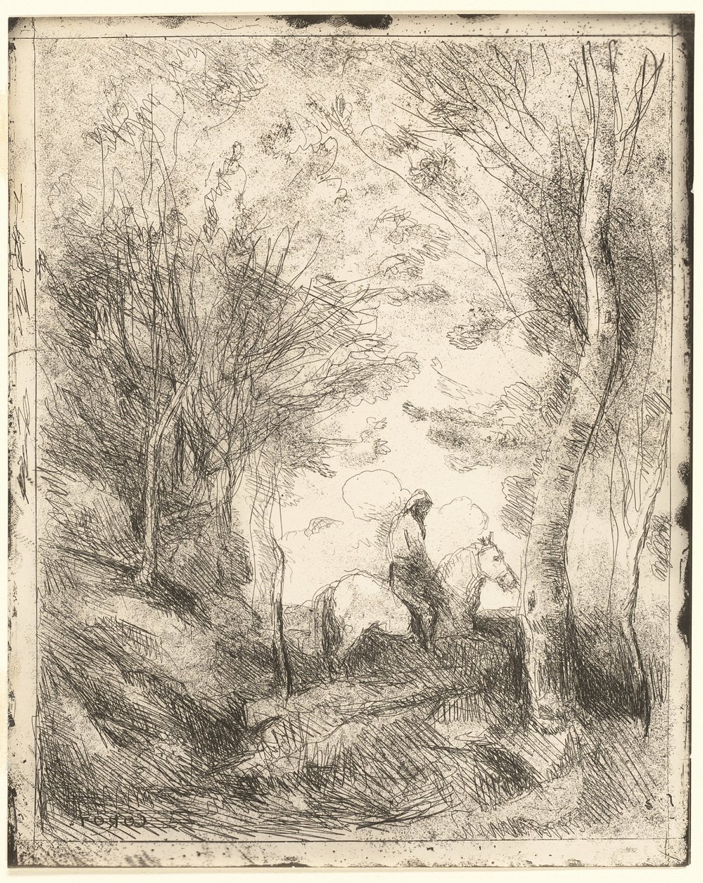 Rytteren i skoven, stor tallerken af Jean Baptiste Camille Corot