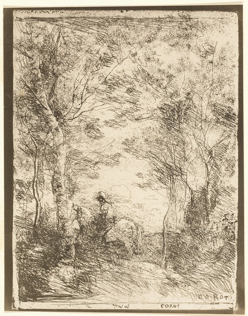 Rytteren i skoven, lille tallerken af Jean Baptiste Camille Corot