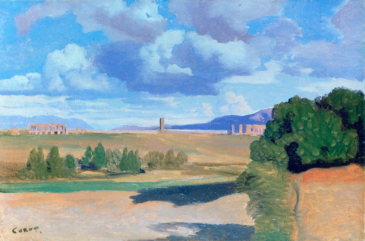 Den romerske Campagna, med Claudian Akvædukt, c1826 af Jean Baptiste Camille Corot
