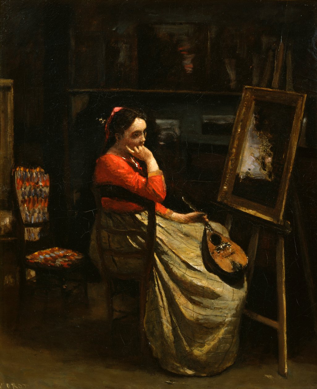Corots værksted, ung kvinde med rød bluse, 1865-1870. af Jean Baptiste Camille Corot