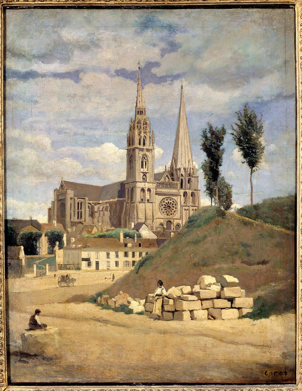 Katedralen i Chartres. Udvendig udsigt over Cathedrale Notre Dame (Notre-Dame) i Chartres - Maleri af Camille Corot (1796-1875) af Jean Baptiste Camille Corot