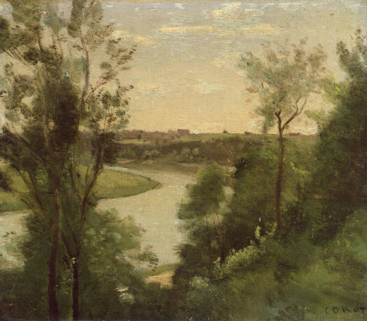 En flod set fra oven mellem træerne af Jean Baptiste Camille Corot