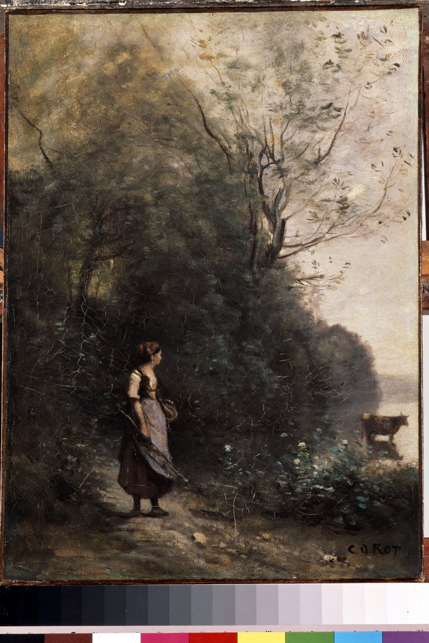 ""En hyrdinde og hendes flok køer i udkanten af ​​en skov"" (Hyrdinde med en ko i udkanten af ​​skoven) Maleri af Camille Corot (1796-1875) 1865-1870 Dim. 47,5x35 cm Museum of l eremitage , Sankt Petersborg af Jean-Baptiste-Camille Corot