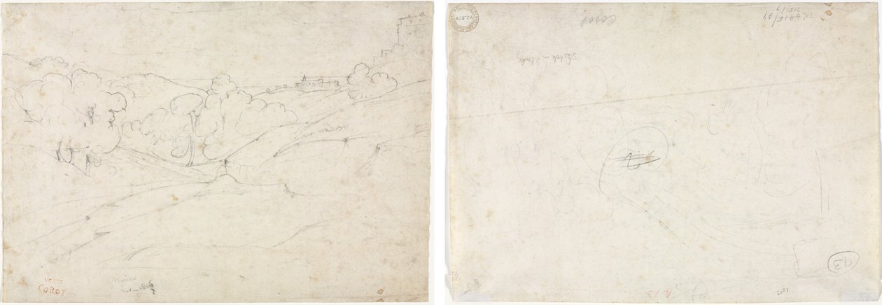 Udsigt over Marino (recto); Skitse til et landskab (verso) af Jean Baptiste Camille Corot