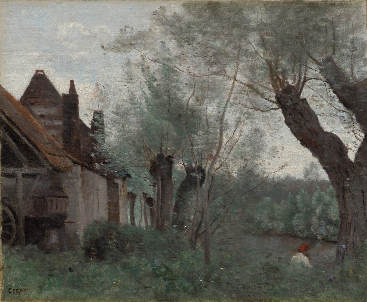 Piletræer og bondegård ved Sainte-Catherine-lès-Arras af Jean Baptiste Camille Corot