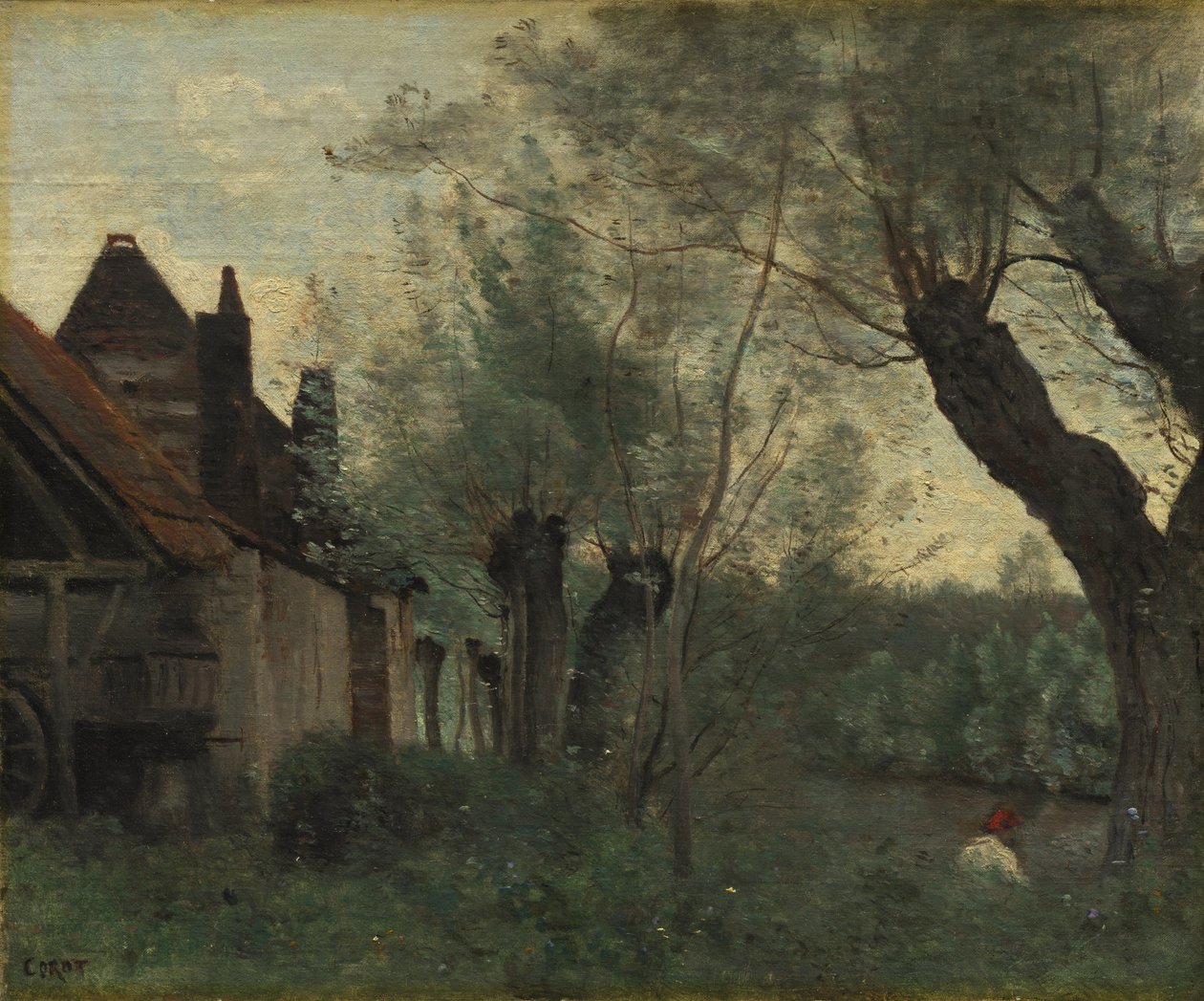 Piletræer og bondegård ved Sainte-Catherine-lès-Arras af Jean Baptiste Camille Corot