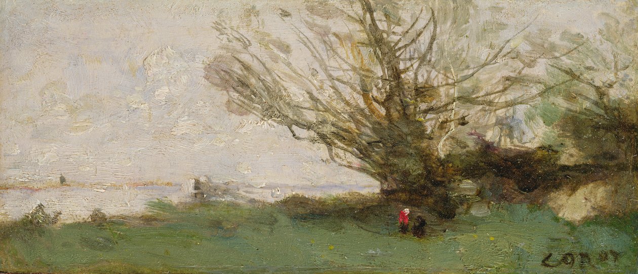 Vinterlandskab ved siden af en sø (panel) af Jean Baptiste Camille Corot