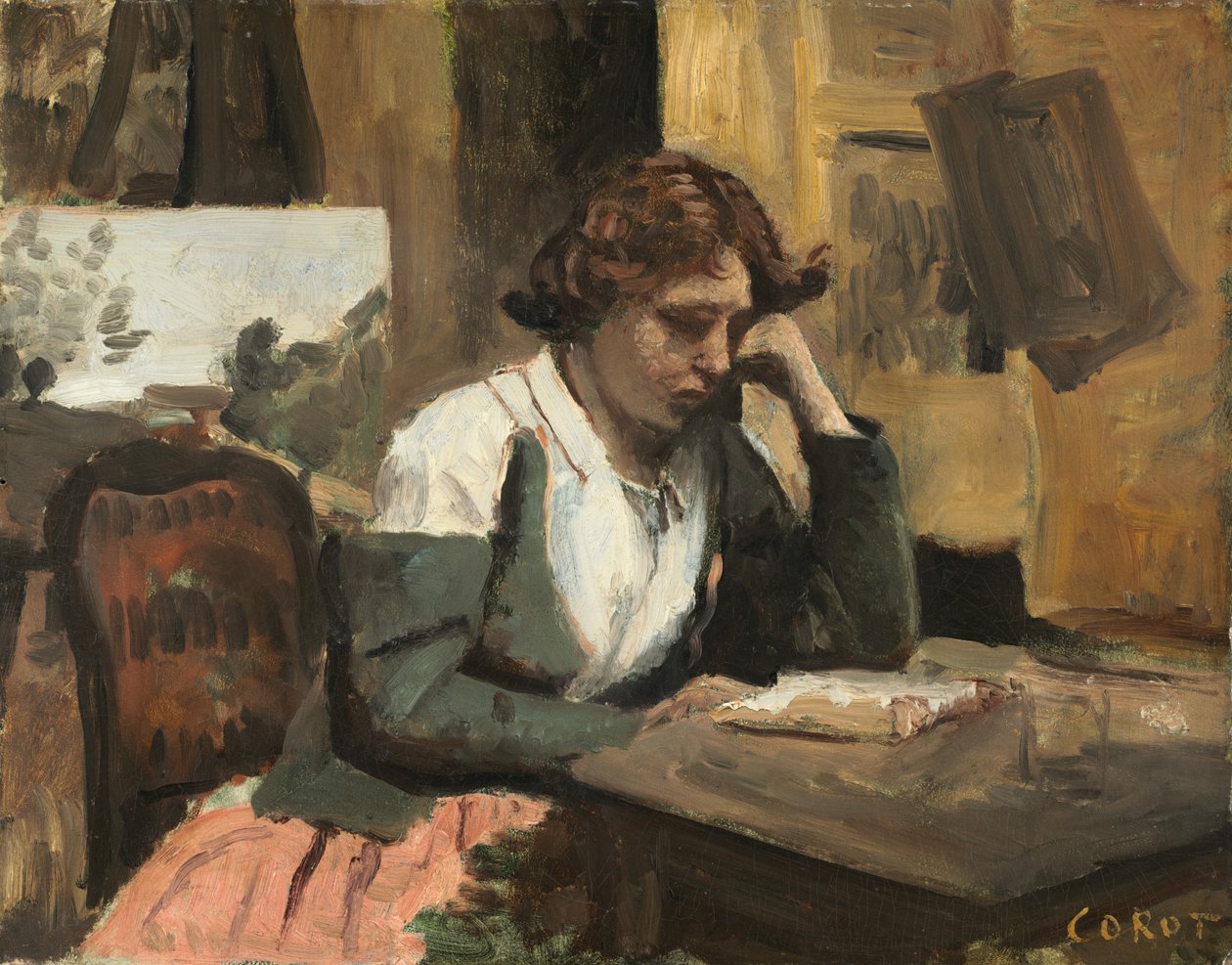 Kvinde læser i studiet af Jean Baptiste Camille Corot