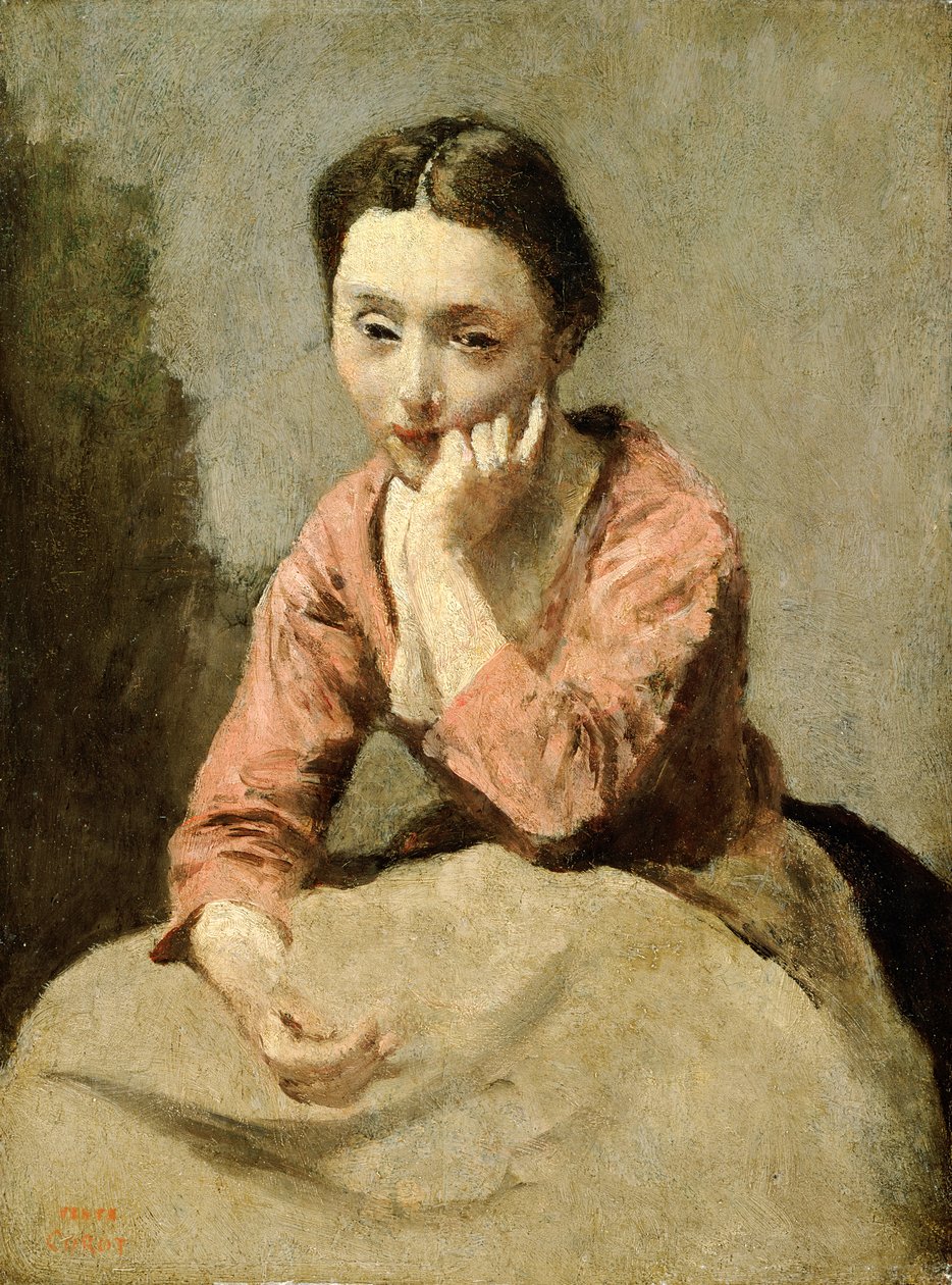 Kvinde i en lyserød bluse (olie på lærred) af Jean Baptiste Camille Corot
