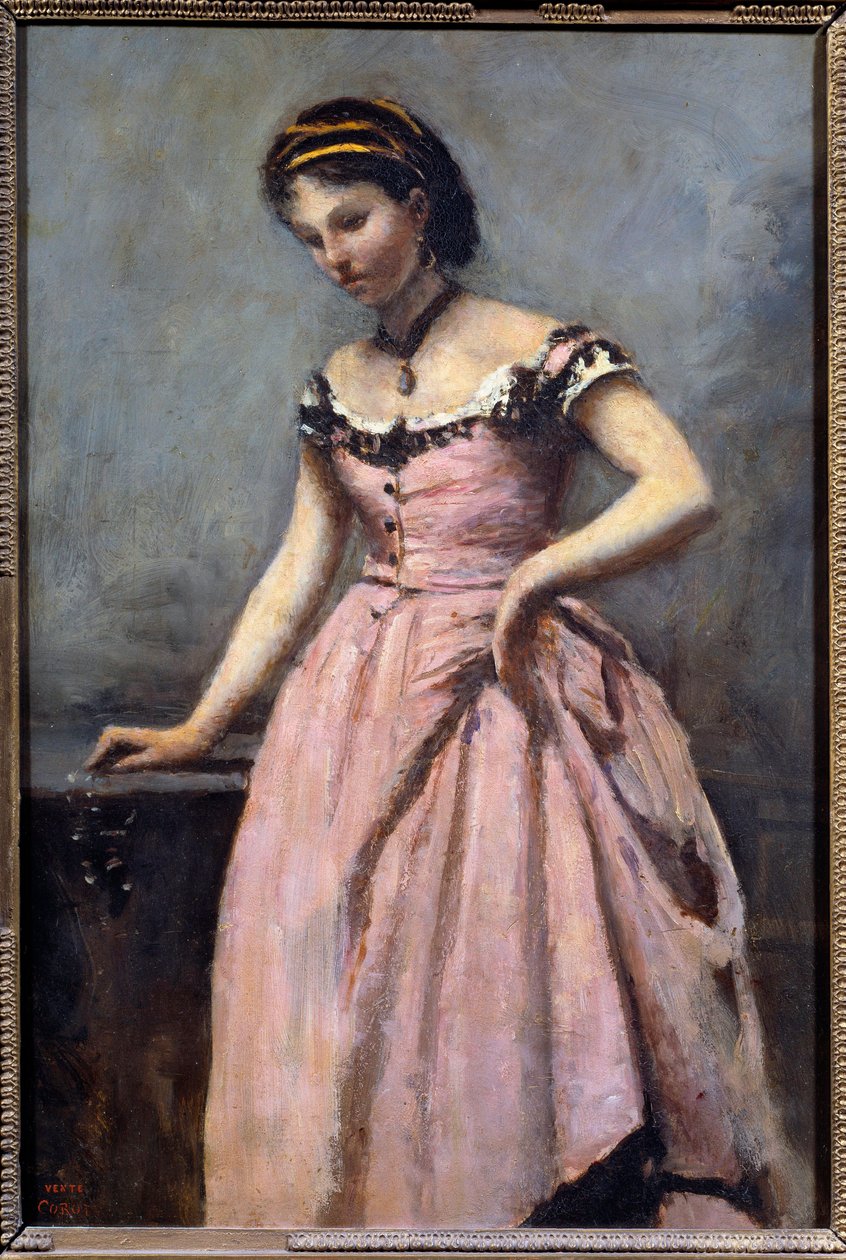 Ung pige med lyserød kjole Maleri af Camille Corot (1796-1875) 1800-tallets søn. 0,46x0,32 m Paris, musee d